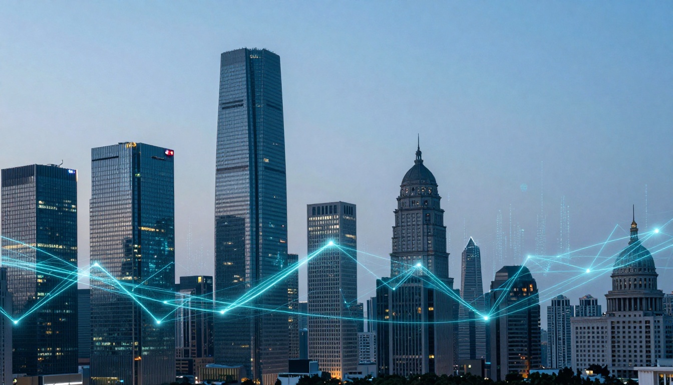 City skyline with tall, modern skyscrapers at dusk. A glowing blue graph line overlays the image, suggesting data analytics.