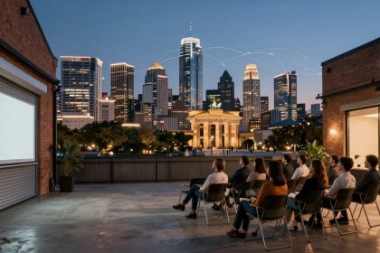 A group of people sitting on chairs outdoors, facing a projector screen on a brick wall. In the background, a city skyline is visible at dusk, with illuminated skyscrapers and a landmark resembling the Brandenburg Gate. The setting suggests a rooftop or open-air venue.