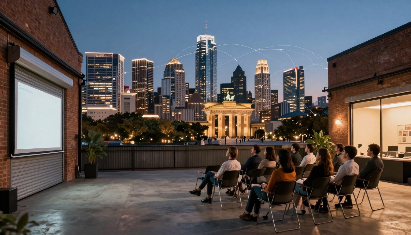 A group of people sitting on chairs outdoors, facing a projector screen on a brick wall. In the background, a city skyline is visible at dusk, with illuminated skyscrapers and a landmark resembling the Brandenburg Gate. The setting suggests a rooftop or open-air venue.