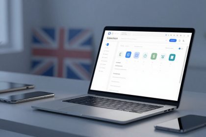 A laptop with a subscription management screen open sits on a desk, flanked by two smartphones. A potted plant and blurred Union Jack flag are in the background.
