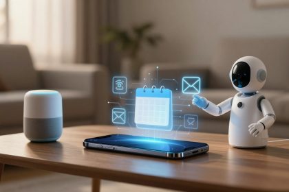 A small robot interacts with a holographic calendar projected from a smartphone on a wooden table. Nearby is a smart speaker.