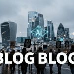 A group of people walk on a wet street in front of modern skyscrapers under a cloudy sky. Some hold signs with "AI" text. The word "BLOG" appears in large white letters at the bottom.