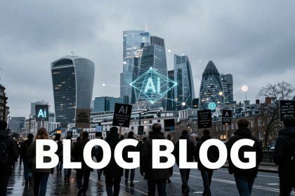 A group of people walk on a wet street in front of modern skyscrapers under a cloudy sky. Some hold signs with "AI" text. The word "BLOG" appears in large white letters at the bottom.