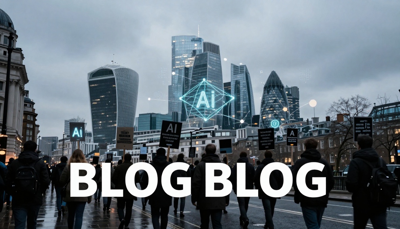 A group of people walk on a wet street in front of modern skyscrapers under a cloudy sky. Some hold signs with "AI" text. The word "BLOG" appears in large white letters at the bottom.