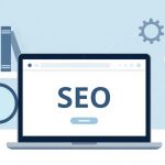 Illustration of a laptop displaying "SEO" on the screen, surrounded by a magnifying glass, gears, books on a shelf, and a pencil holder, set against a light blue background.