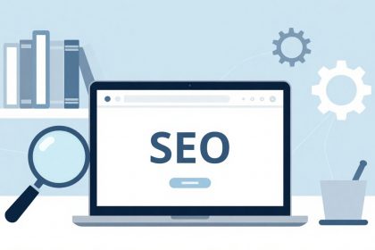 Illustration of a laptop displaying "SEO" on the screen, surrounded by a magnifying glass, gears, books on a shelf, and a pencil holder, set against a light blue background.