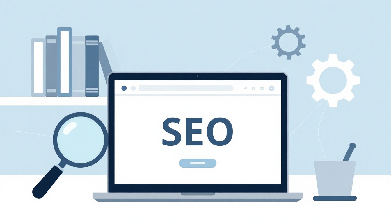 Illustration of a laptop displaying "SEO" on the screen, surrounded by a magnifying glass, gears, books on a shelf, and a pencil holder, set against a light blue background.