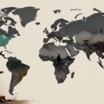 A world map with a beige background. The continents are filled with various images: North America has a blue-green tint, South America has a person silhouetted against a cityscape, Europe and Asia feature a desert scene with a person walking, and Africa shows a cooking scene with two people tending a fire.