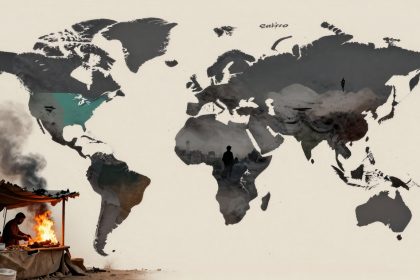 A world map with a beige background. The continents are filled with various images: North America has a blue-green tint, South America has a person silhouetted against a cityscape, Europe and Asia feature a desert scene with a person walking, and Africa shows a cooking scene with two people tending a fire.