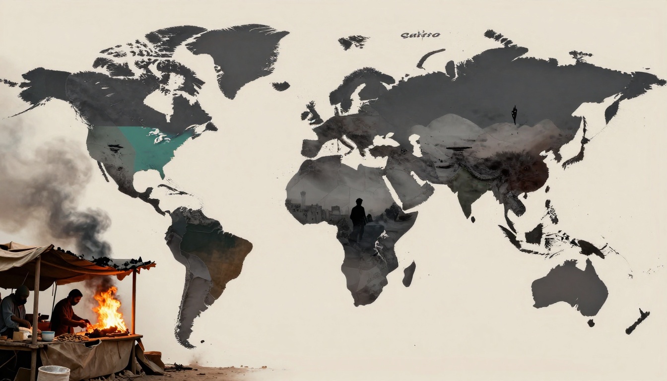 A world map with a beige background. The continents are filled with various images: North America has a blue-green tint, South America has a person silhouetted against a cityscape, Europe and Asia feature a desert scene with a person walking, and Africa shows a cooking scene with two people tending a fire.