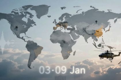 A world map overlay with various icons and landmarks, such as a helicopter and oil rig, against a cloudy sky. Text reads "03-09 Jan."