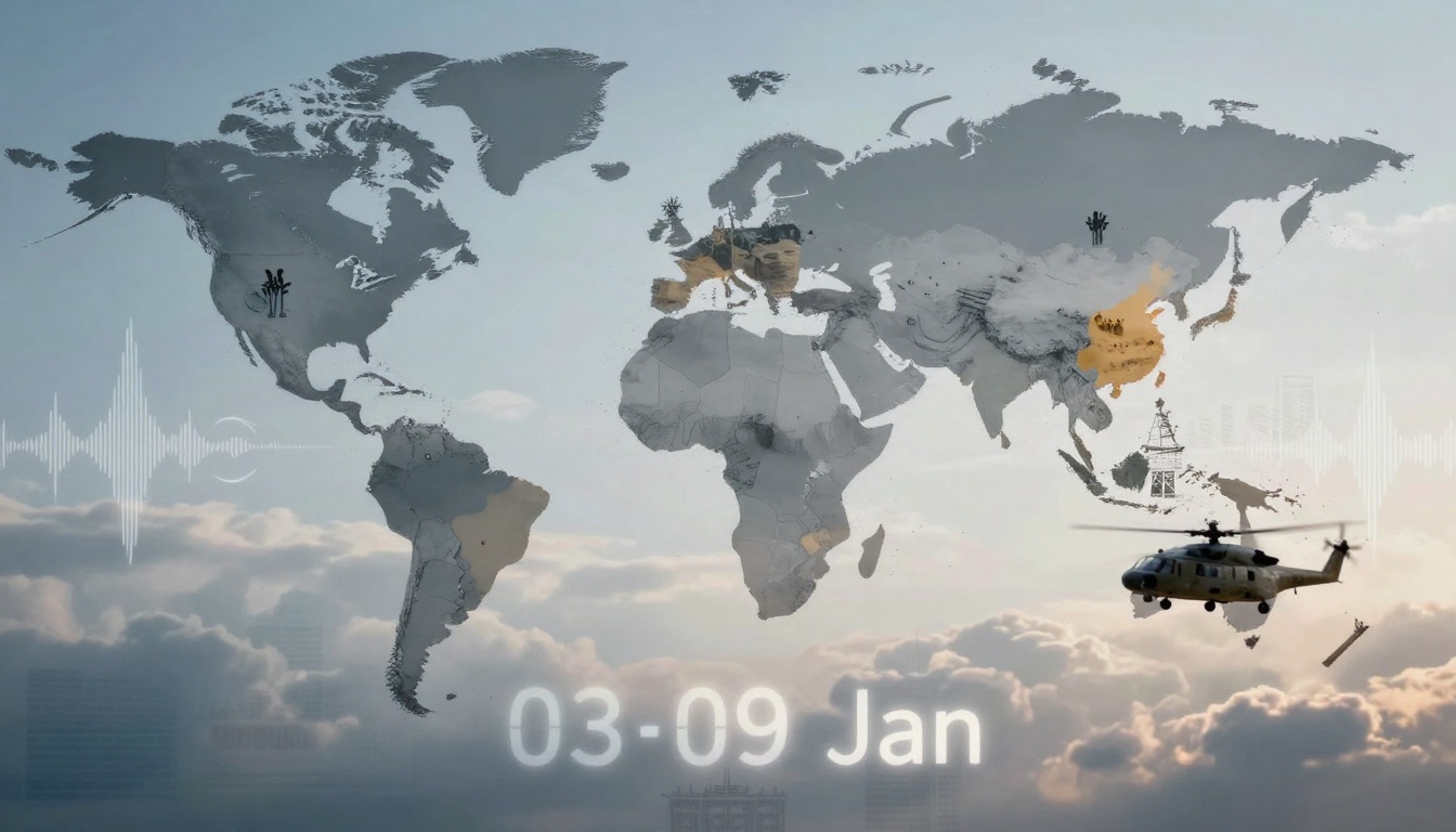 A world map overlay with various icons and landmarks, such as a helicopter and oil rig, against a cloudy sky. Text reads "03-09 Jan."
