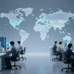 A high-tech office with people working at desks with multiple computer monitors. A large digital world map is displayed on the wall.