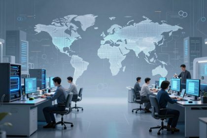 A high-tech office with people working at desks with multiple computer monitors. A large digital world map is displayed on the wall.