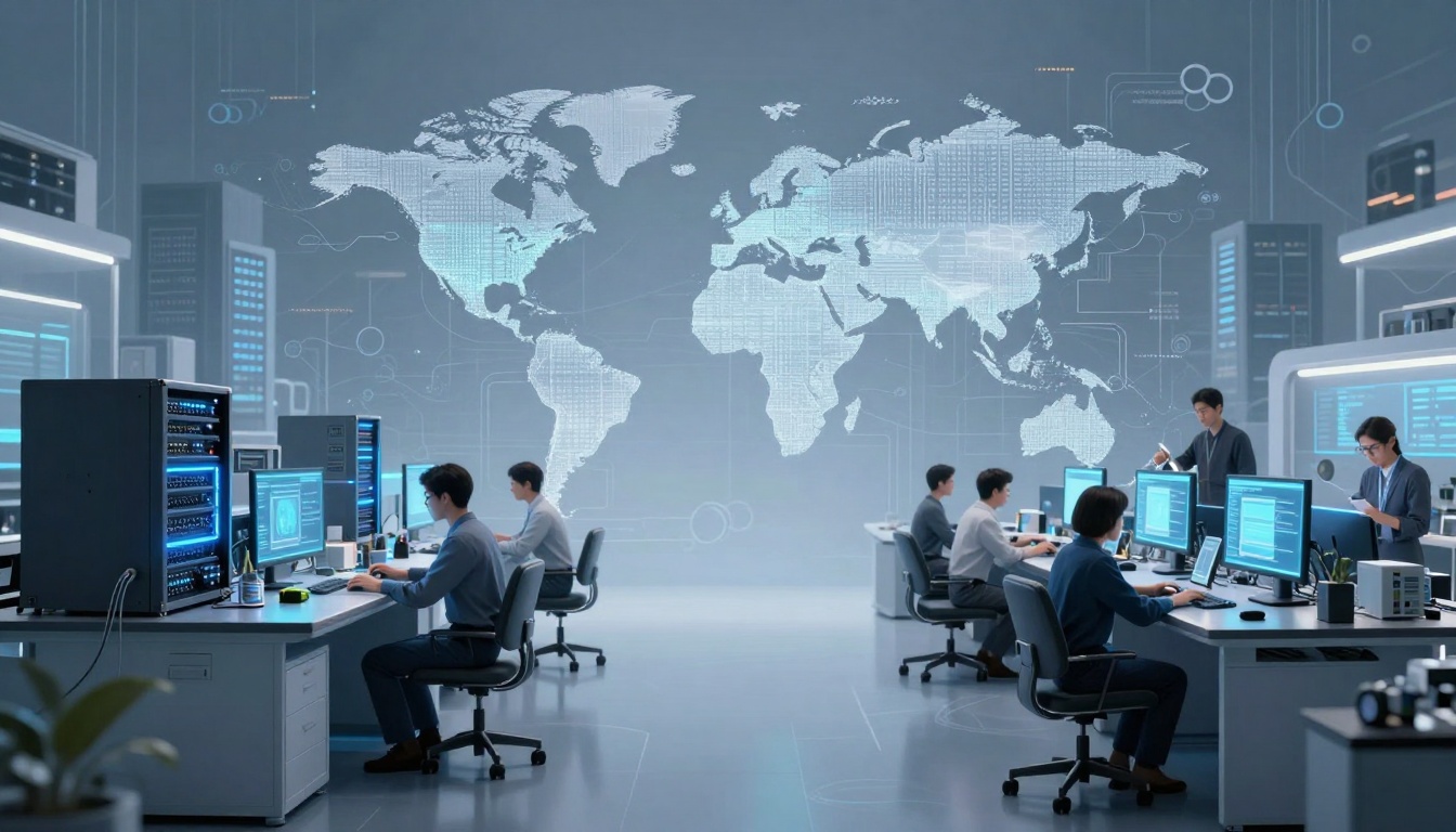 A high-tech office with people working at desks with multiple computer monitors. A large digital world map is displayed on the wall.