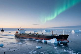 A large cargo ship navigates through icy waters with floating icebergs. The northern lights illuminate the sky, and an oil rig is visible in the distance.