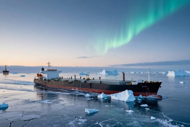 A large cargo ship navigates through icy waters with floating icebergs. The northern lights illuminate the sky, and an oil rig is visible in the distance.