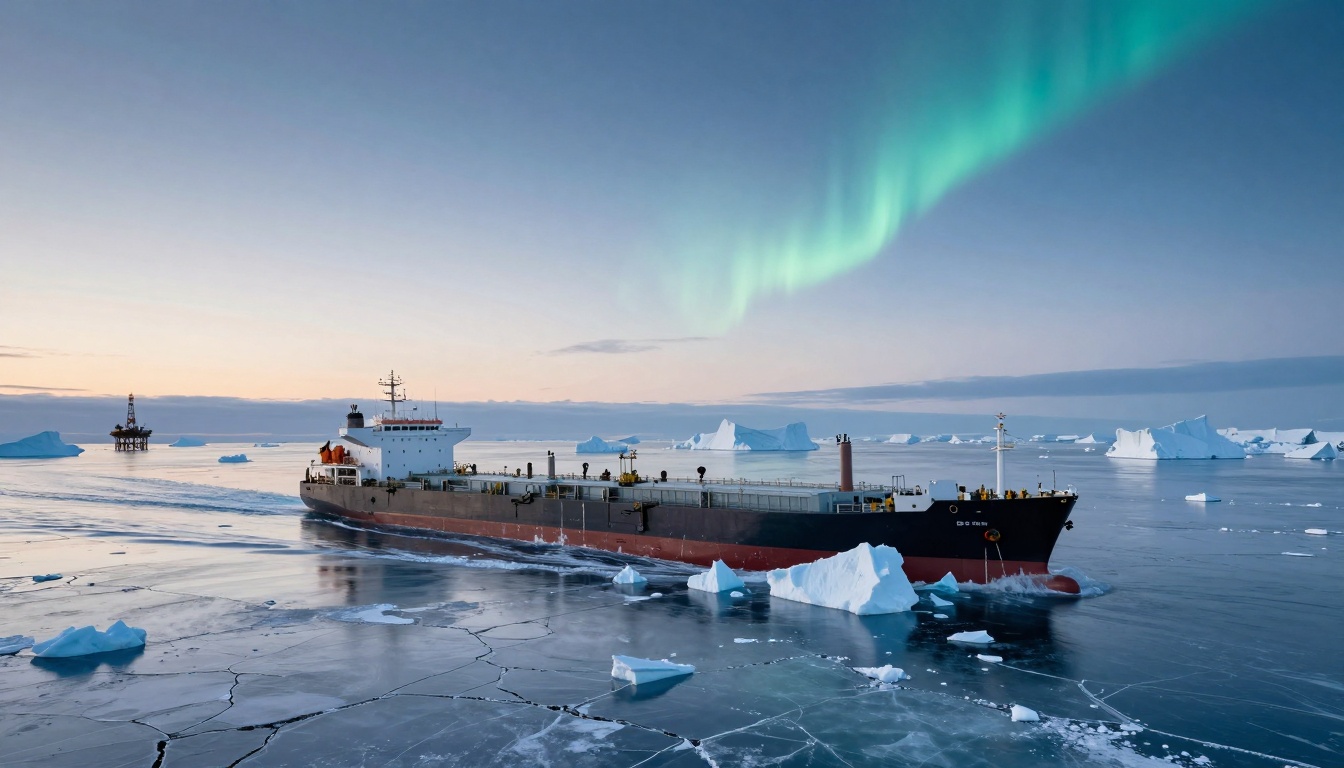 A large cargo ship navigates through icy waters with floating icebergs. The northern lights illuminate the sky, and an oil rig is visible in the distance.