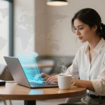 A woman in a white shirt is using a laptop at a round wooden table in a modern café. A cup of coffee and a Wi-Fi router are on the table. A digital overlay with a world map and tech elements is visible.