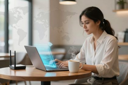 A woman in a white shirt is using a laptop at a round wooden table in a modern café. A cup of coffee and a Wi-Fi router are on the table. A digital overlay with a world map and tech elements is visible.