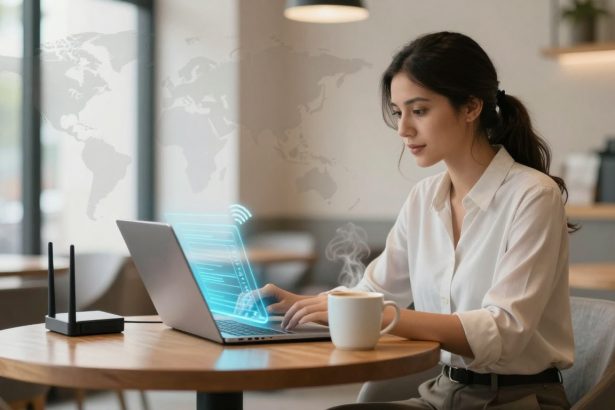 A woman in a white shirt is using a laptop at a round wooden table in a modern café. A cup of coffee and a Wi-Fi router are on the table. A digital overlay with a world map and tech elements is visible.
