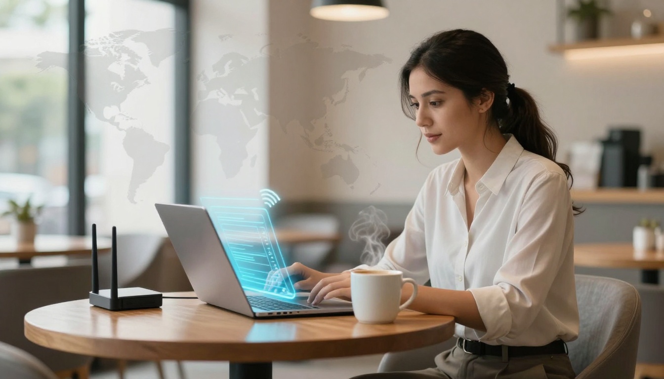 A woman in a white shirt is using a laptop at a round wooden table in a modern café. A cup of coffee and a Wi-Fi router are on the table. A digital overlay with a world map and tech elements is visible.