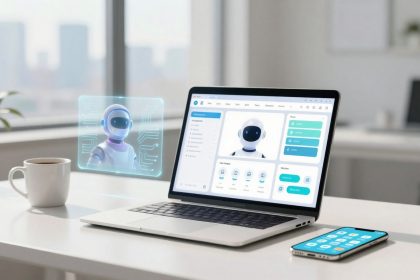 A laptop on a desk displays a screen with a robot interface. A holographic robot image floats beside it. A white coffee mug and smartphone are nearby.