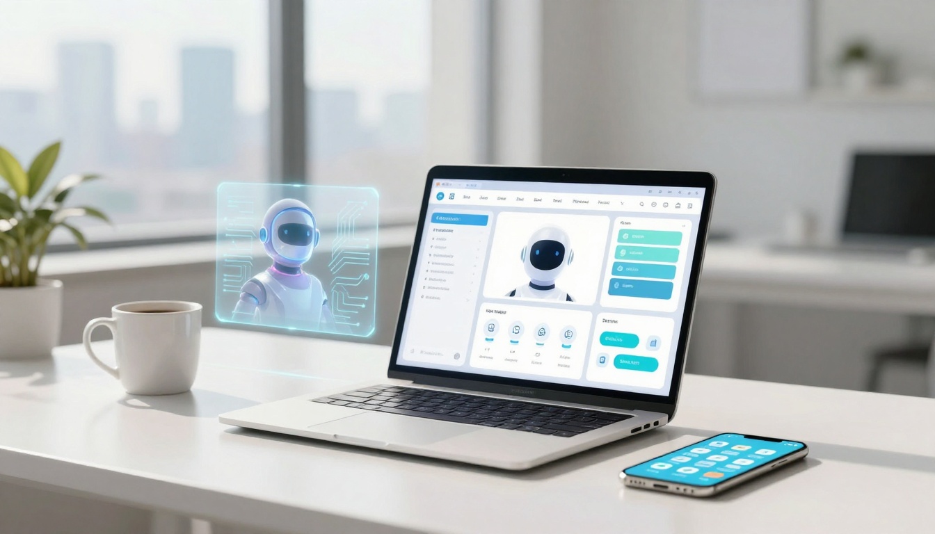 A laptop on a desk displays a screen with a robot interface. A holographic robot image floats beside it. A white coffee mug and smartphone are nearby.