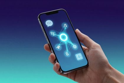 A hand holds a smartphone with a futuristic interface on the screen, displaying glowing blue icons and a network of lines. The background is a gradient of blue and green.