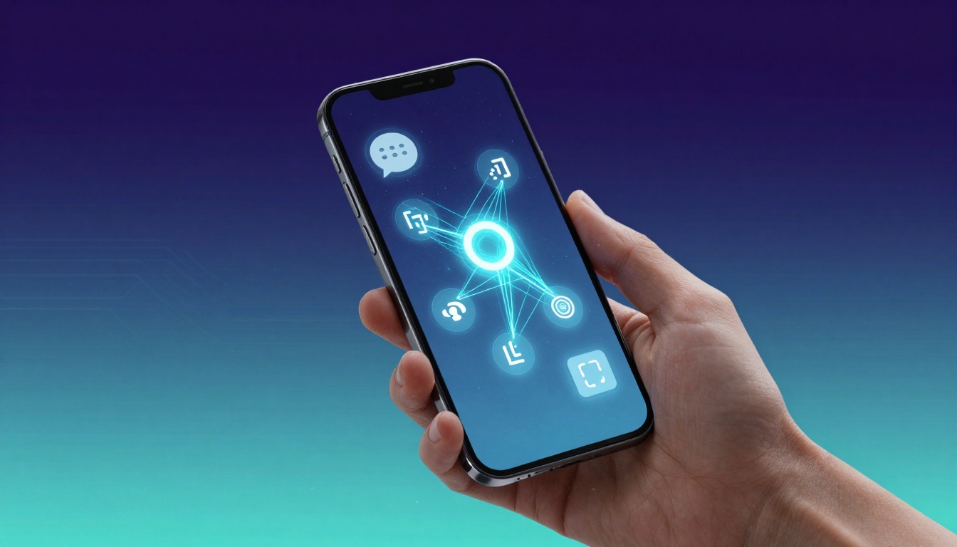 A hand holds a smartphone with a futuristic interface on the screen, displaying glowing blue icons and a network of lines. The background is a gradient of blue and green.