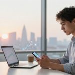 A person in a light blue shirt is seated at a desk, looking at a smartphone. A laptop displaying a graph and a paper cup are on the desk. The background shows a cityscape with a setting sun visible through large windows.