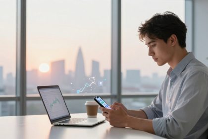 A person in a light blue shirt is seated at a desk, looking at a smartphone. A laptop displaying a graph and a paper cup are on the desk. The background shows a cityscape with a setting sun visible through large windows.