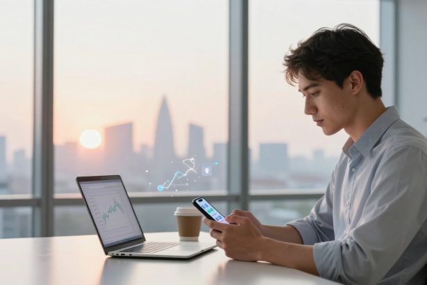 A person in a light blue shirt is seated at a desk, looking at a smartphone. A laptop displaying a graph and a paper cup are on the desk. The background shows a cityscape with a setting sun visible through large windows.