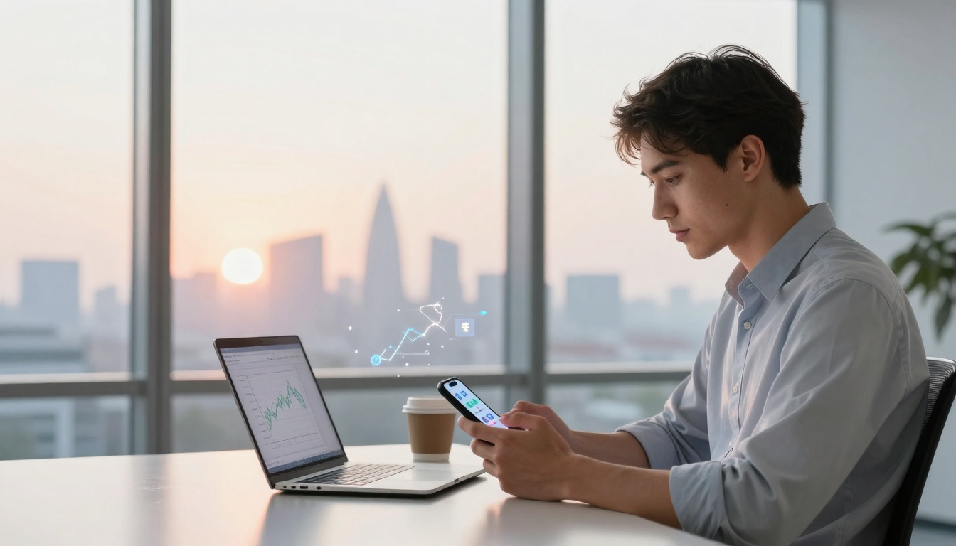 A person in a light blue shirt is seated at a desk, looking at a smartphone. A laptop displaying a graph and a paper cup are on the desk. The background shows a cityscape with a setting sun visible through large windows.