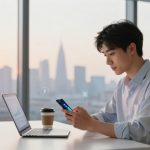 A person in a light blue shirt sits at a desk using a smartphone, with a laptop and a coffee cup nearby. A cityscape is visible through a large window, with a sunset in the background.
