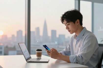 A person in a light blue shirt sits at a desk using a smartphone, with a laptop and a coffee cup nearby. A cityscape is visible through a large window, with a sunset in the background.