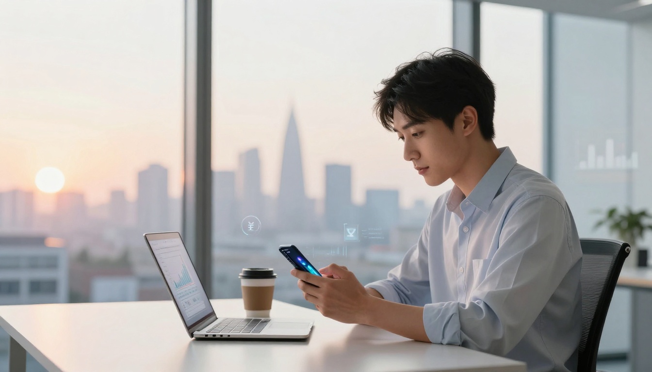 A person in a light blue shirt sits at a desk using a smartphone, with a laptop and a coffee cup nearby. A cityscape is visible through a large window, with a sunset in the background.