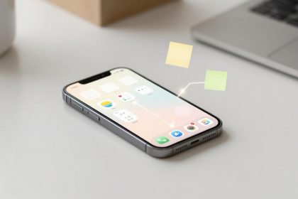 A smartphone with a colorful home screen displaying app icons, placed on a white surface. Nearby is a laptop and some sticky notes.