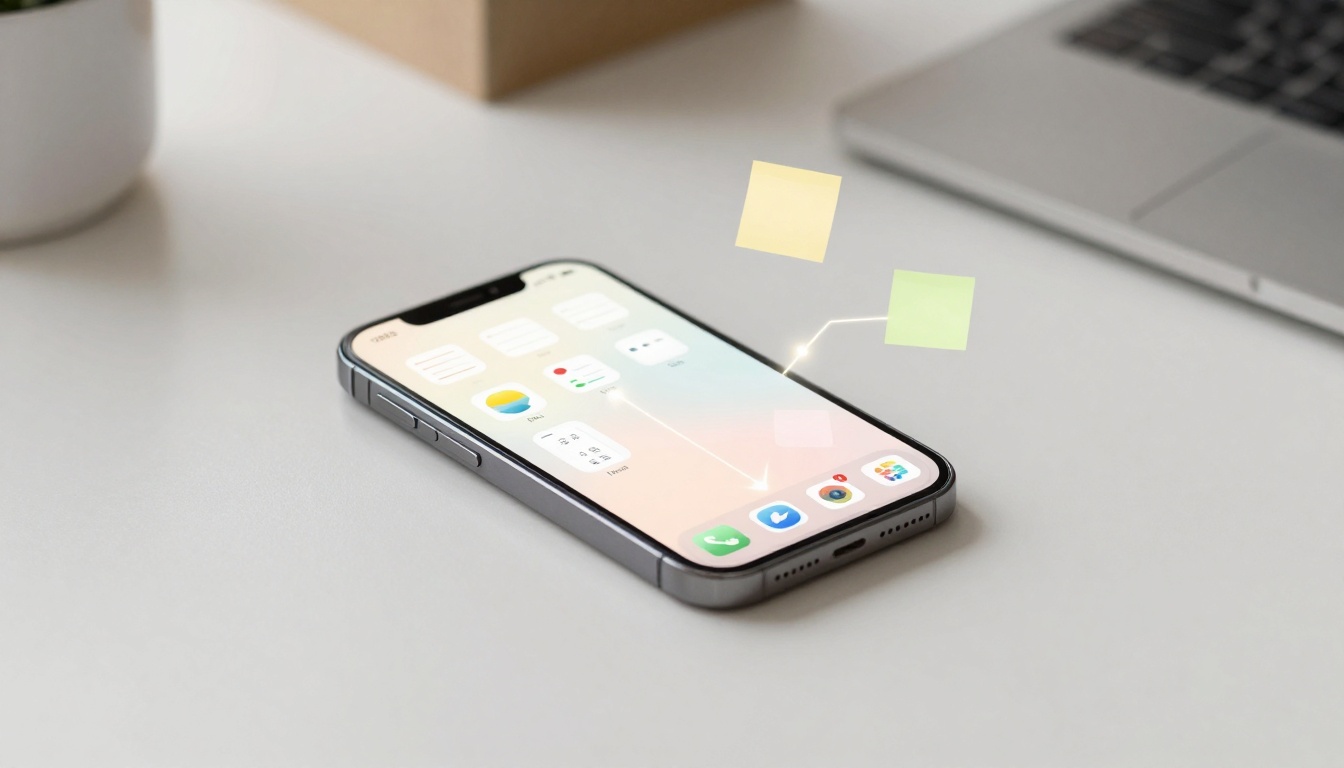 A smartphone with a colorful home screen displaying app icons, placed on a white surface. Nearby is a laptop and some sticky notes.