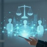 A woman in a suit holds a tablet, looking at digital holograms of people, a scale of justice, and a network over a cityscape background.