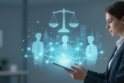 A woman in a suit holds a tablet, looking at digital holograms of people, a scale of justice, and a network over a cityscape background.