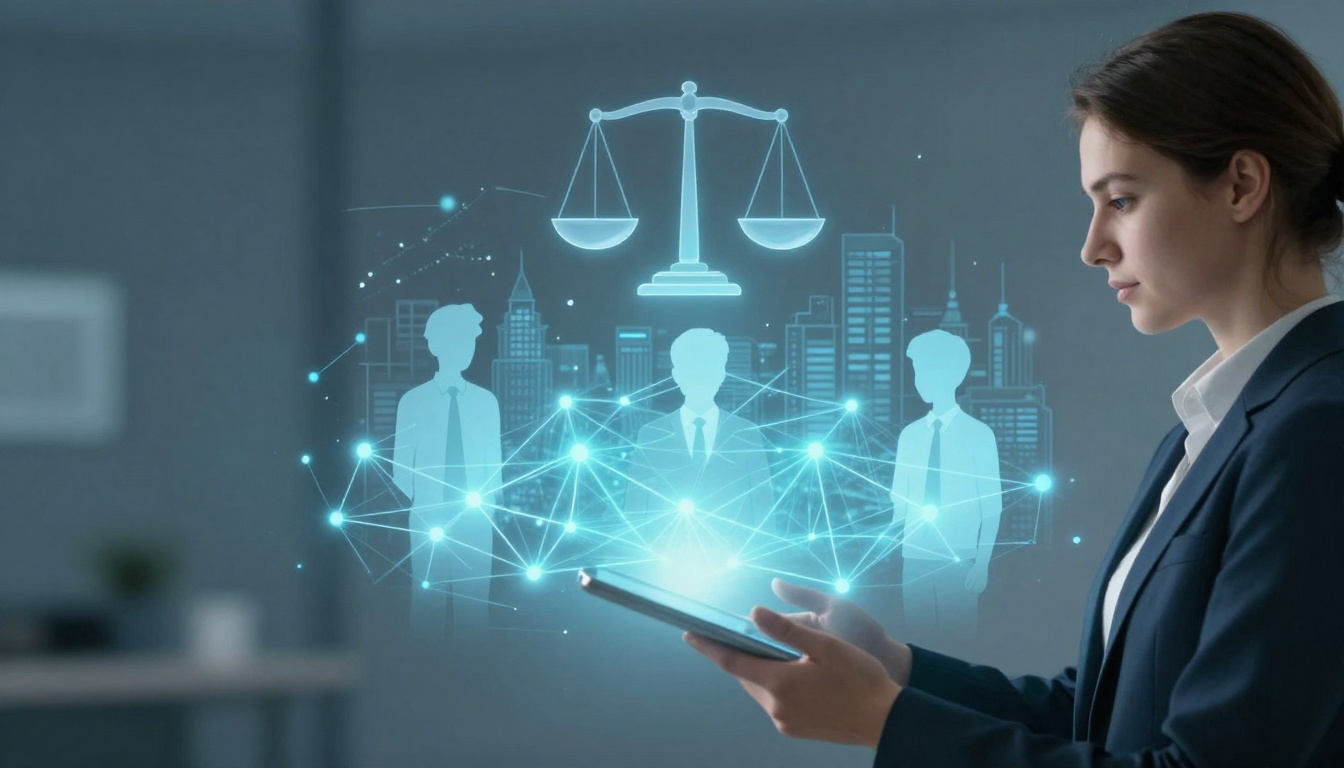 A woman in a suit holds a tablet, looking at digital holograms of people, a scale of justice, and a network over a cityscape background.
