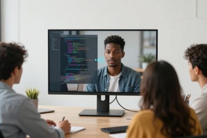 A group of three people seated at a table facing a monitor displaying a video call. The monitor shows a man with coding text next to him. The room has a bright, modern interior with potted plants.
