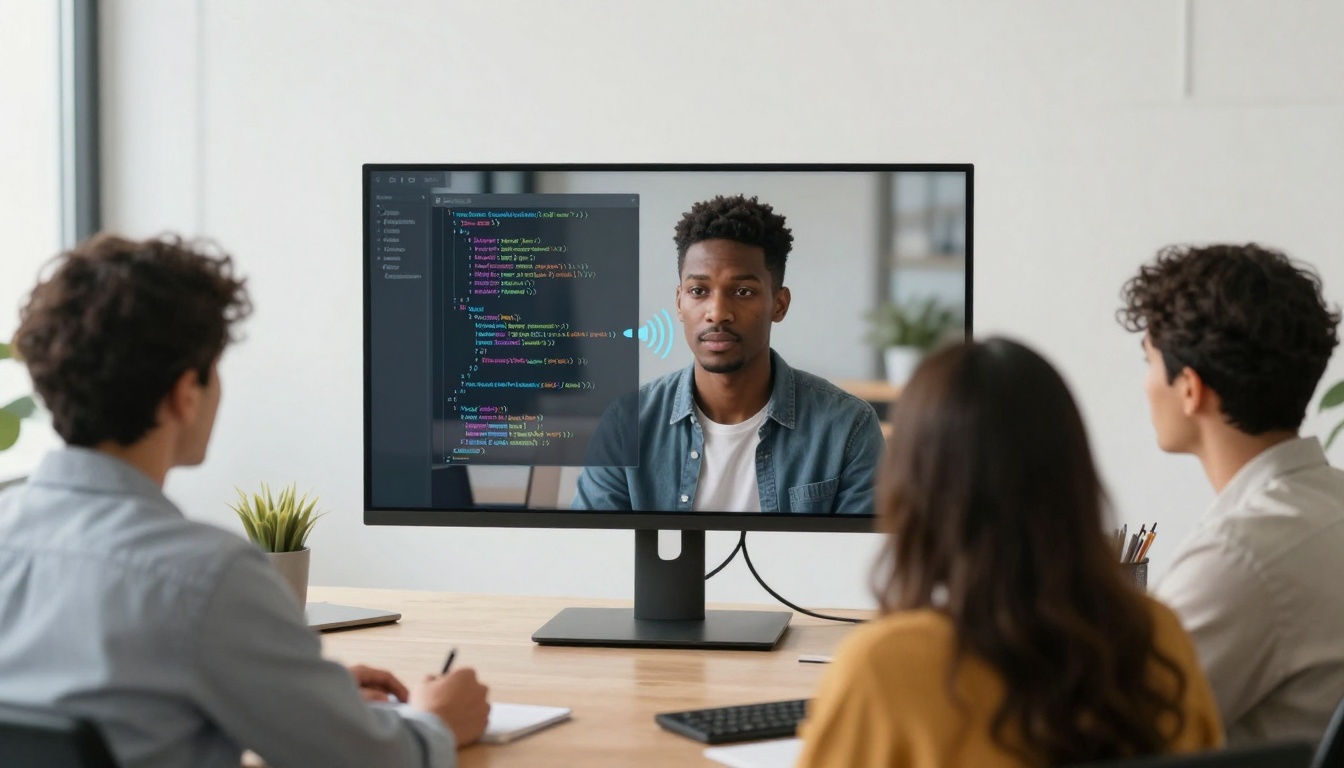 A group of three people seated at a table facing a monitor displaying a video call. The monitor shows a man with coding text next to him. The room has a bright, modern interior with potted plants.