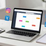 A laptop displaying a colorful calendar is on a white desk, surrounded by social media icons for Instagram, X (formerly Twitter), and LinkedIn. A smartphone, open notebook, and coffee cup are nearby.