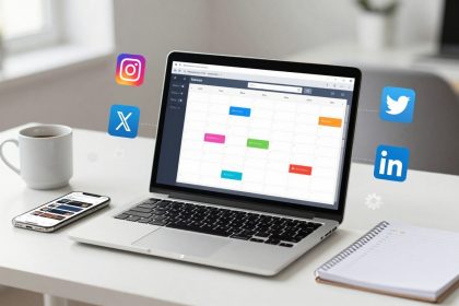 A laptop displaying a colorful calendar is on a white desk, surrounded by social media icons for Instagram, X (formerly Twitter), and LinkedIn. A smartphone, open notebook, and coffee cup are nearby.