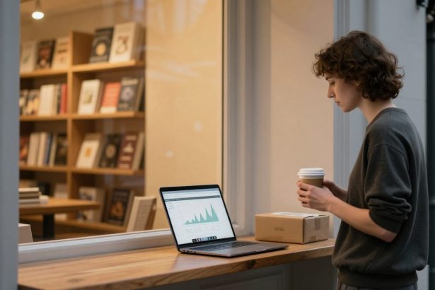 A person with curly hair stands at a wooden counter holding a coffee cup, looking at a laptop displaying a graph. A cardboard box is beside the laptop. Behind them, a bookshelf filled with books is visible through a window.