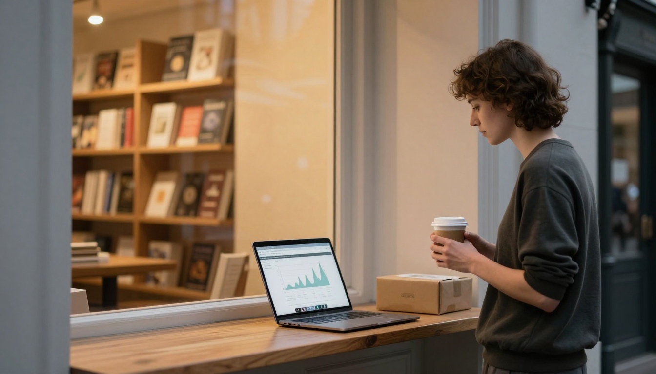 A person with curly hair stands at a wooden counter holding a coffee cup, looking at a laptop displaying a graph. A cardboard box is beside the laptop. Behind them, a bookshelf filled with books is visible through a window.