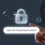 A hand points to a login option with text "login with Google/Apple/Facebook" on a dark background. A glowing lock icon is in the center, with a shadowy figure wearing a mask in the background. The image suggests cybersecurity concerns.