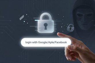 A hand points to a login option with text "login with Google/Apple/Facebook" on a dark background. A glowing lock icon is in the center, with a shadowy figure wearing a mask in the background. The image suggests cybersecurity concerns.